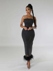 Rhinestones Strapless Feather Split Hem Dress