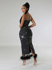 Rhinestones Strapless Feather Split Hem Dress