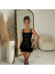 Feather Sequin Backless Mini Cocktail Dress