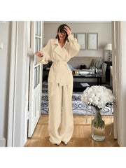 Pure Color Wide Leg Long Sleeve Wrap Pant Sets