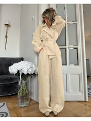 Pure Color Wide Leg Long Sleeve Wrap Pant Sets