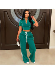 Lace Up Zipper Short Sleeve Pant Sets