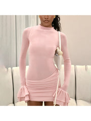 Ruffle Ruched Trumpet Sleeve Mini Dress