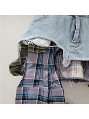 Plaid Raged Hem Irregular Denim Skirts