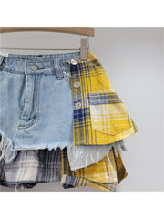 Plaid Raged Hem Irregular Denim Skirts