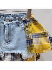 Plaid Raged Hem Irregular Denim Skirts