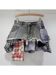 Plaid Raged Hem Irregular Denim Skirts