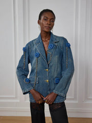 Flower Chain Lapel Distressed Denim Jacket