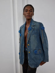 Flower Chain Lapel Distressed Denim Jacket