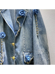 Flower Chain Lapel Distressed Denim Jacket