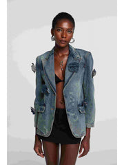 Valery Flower Split Hem Lapel Denim Jackets