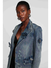 Valery Flower Split Hem Lapel Denim Jackets