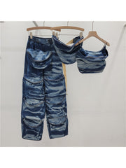 Camo Zipper Multi Pocket Denim Cargo 3 Piece Sets