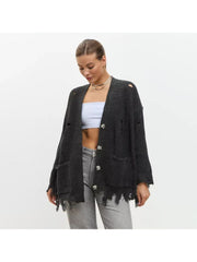 Ripped Single Breasted Long Sleeve Cardigan