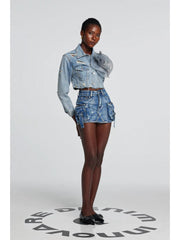 Flower Decor Denim Jackets Cargo Skirt Sets