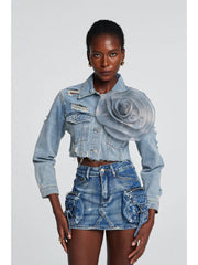 Flower Decor Denim Jackets Cargo Skirt Sets