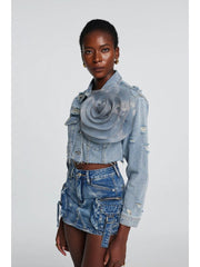 Flower Decor Denim Jackets Cargo Skirt Sets