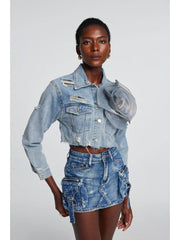 Flower Decor Denim Jackets Cargo Skirt Sets