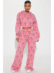 Cross Print Bare Waist Hooded Pant Sets