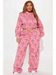 Cross Print Bare Waist Hooded Pant Sets