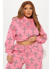 Cross Print Bare Waist Hooded Pant Sets