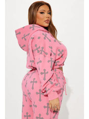 Cross Print Bare Waist Hooded Pant Sets