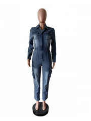 Washed Denim Multi Pocket Cargo Jumpsuits