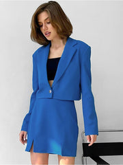 Pure Color Split Hem Long Sleeve Blazers Skirt Sets