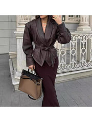 Tie-wrap Peacoat Long Sleeve Leather Jackets