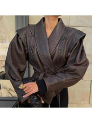 Tie-wrap Peacoat Long Sleeve Leather Jackets