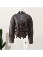 Tie-wrap Peacoat Long Sleeve Leather Jackets