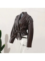 Tie-wrap Peacoat Long Sleeve Leather Jackets