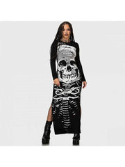 Skull Print Long Sleeve Maxi Dress