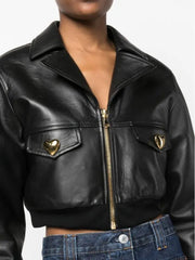 Metal Heart Buckle PU Lapel Cropped Jackets