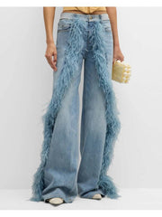 Fake Fur Patchwork Denim Wide Leg Jeans