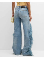 Fake Fur Patchwork Denim Wide Leg Jeans