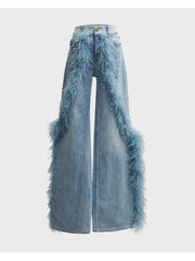 Fake Fur Patchwork Denim Wide Leg Jeans