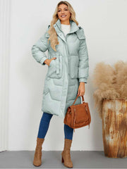 Stand Collar Hooded Pockets Long Down Coats