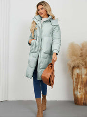 Stand Collar Hooded Pockets Long Down Coats