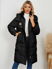 Stand Collar Hooded Pockets Long Down Coats