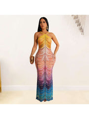 Gradient Rhinestones Halter Maxi Dress