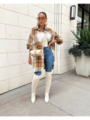 Contrast Color Plaid Long Sleeve Blouses