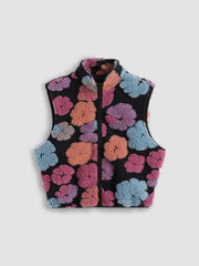 Colorblock Flower Zipper Cropped Vest