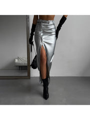 Metallic Split Hem Zipper Leather Skirts