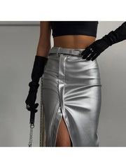 Metallic Split Hem Zipper Leather Skirts