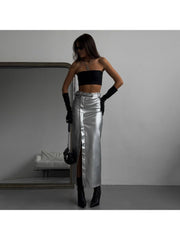 Metallic Split Hem Zipper Leather Skirts