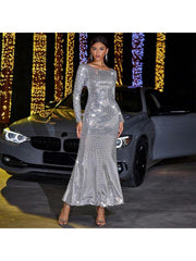 Sequin Ruched Long Sleeve Maxi Dress