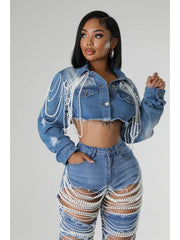 Faux Pearl Single Breasted Denim Jackets