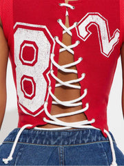 Number Lace-Up Cropped Tanks