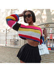 Colorblock Striped Loose Cropped Sweater